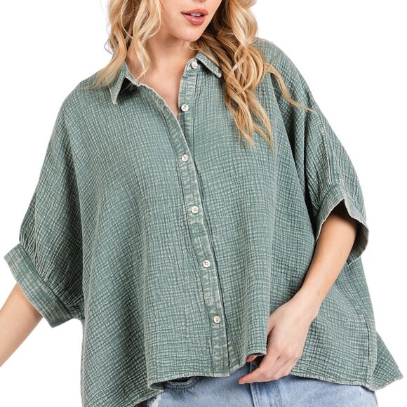 Green Mineral Wash Dolman Sleeve Button Down Womens Shirt - Picture 3 of 5
